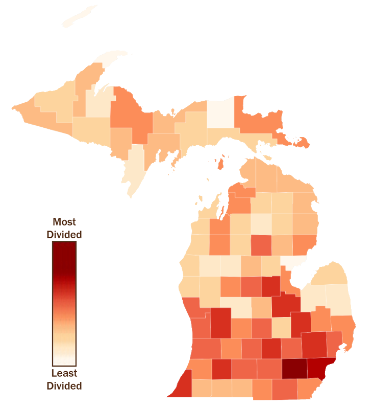 Michigan map displaying the overall economic division index by county. Washtenaw county shows as the highest index followed by it's neighboring county, Wayne county.